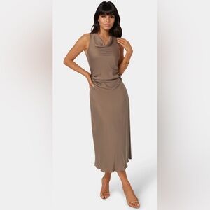 Bebe Champagne Crepe Satin Cowl Maxi Dress NWT